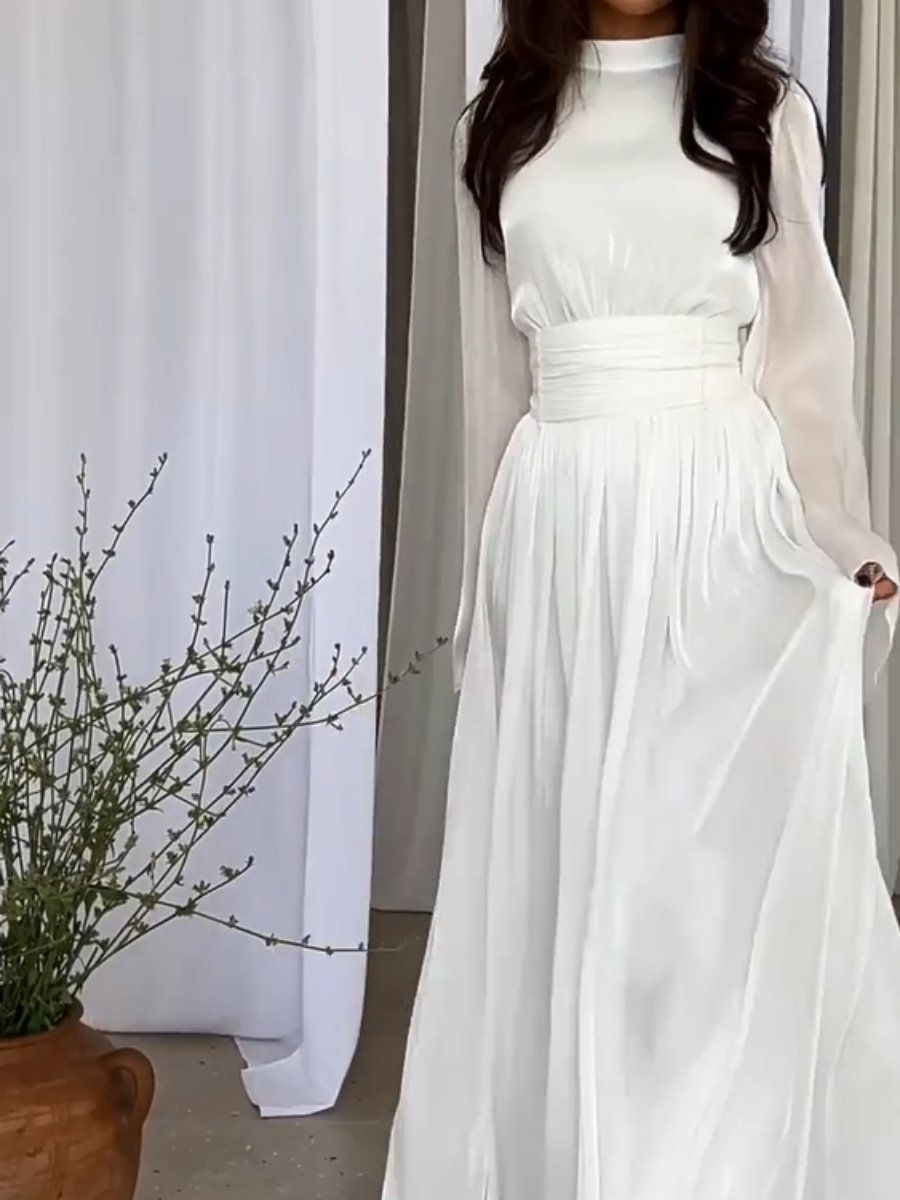 Elegante Geplooide Maxi Jurk Dames Lange Mouwen Feestelijk - Wit