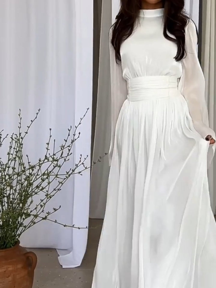 Elegante Geplooide Maxi Jurk Dames Lange Mouwen Feestelijk - Wit