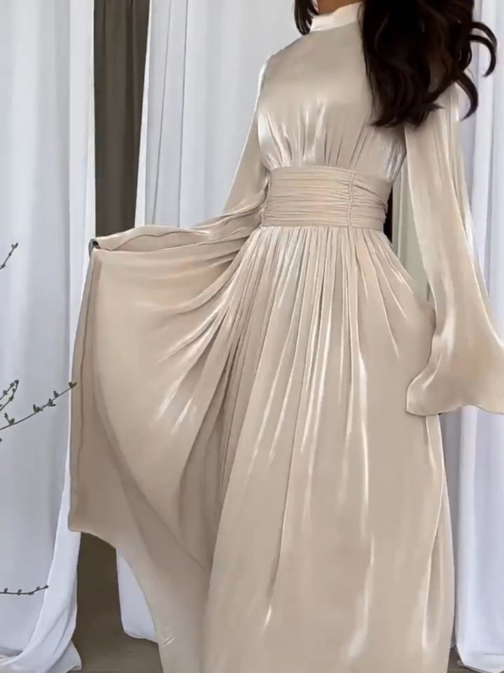 Elegante Geplooide Maxi Jurk Dames Lange Mouwen Feestelijk - Abrikoos