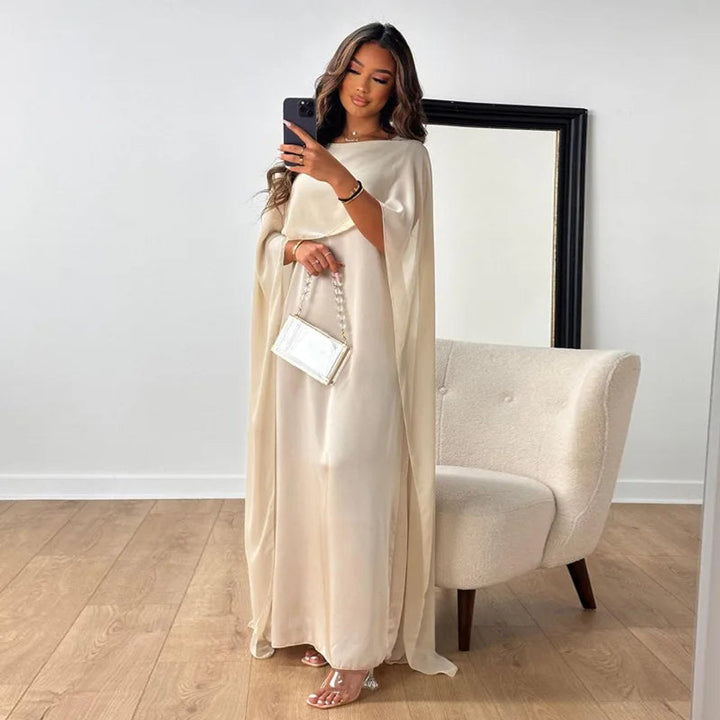 Elegante Satijnen Maxi Jurk Dames met Cape Mouwen - Wit
