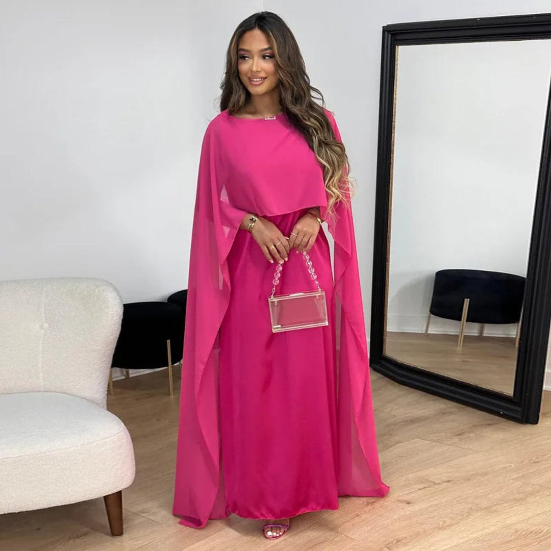 Elegante Satijnen Maxi Jurk Dames met Cape Mouwen - Roze
