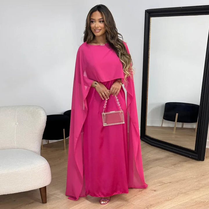 Elegante Satijnen Maxi Jurk Dames met Cape Mouwen - Roze