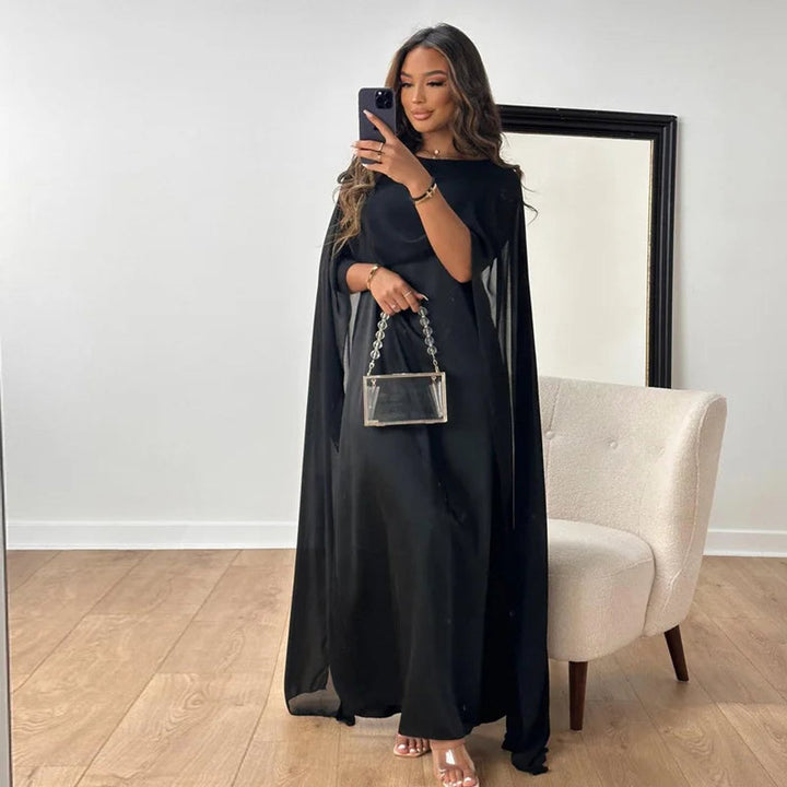 Elegante Satijnen Maxi Jurk Dames met Cape Mouwen - Zwart