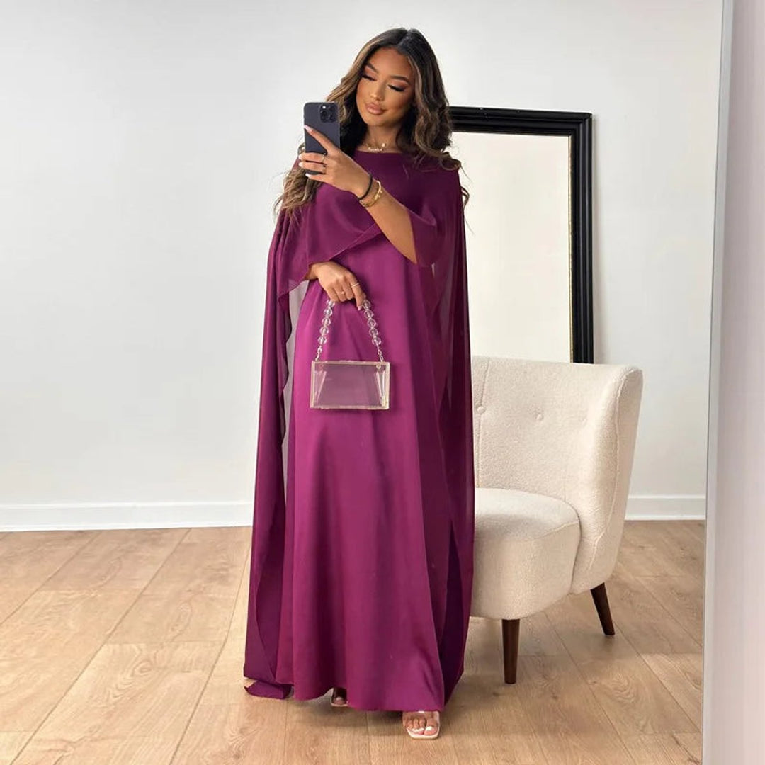Elegante Satijnen Maxi Jurk Dames met Cape Mouwen - Lila