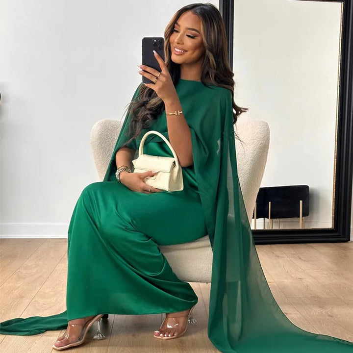 Elegante Satijnen Maxi Jurk Dames met Cape Mouwen - Groen