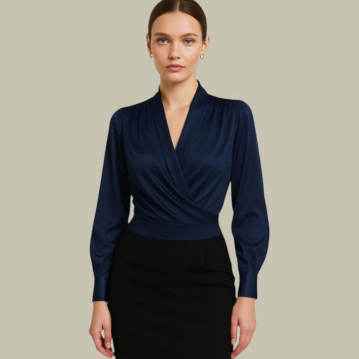 Elegante Satin Wickelbluse für Damen mit V-Ausschnitt - Blau