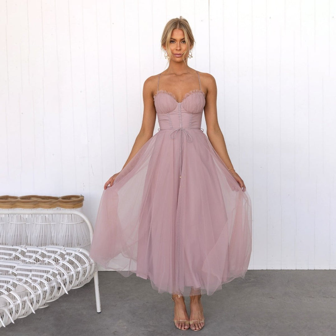 Elegante Tule Midi Jurk Dames Corset Spaghettibandjes