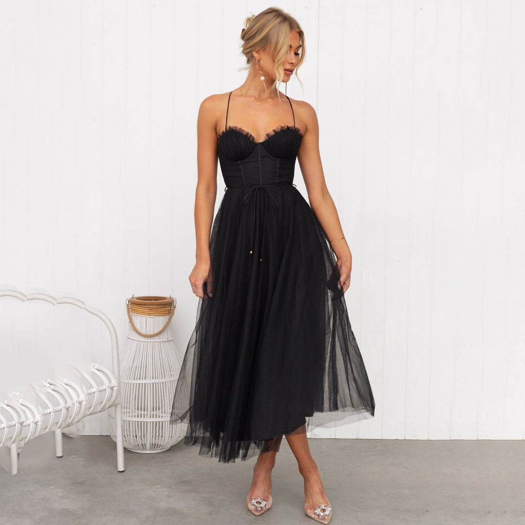 Elegante Tule Midi Jurk Dames Corset Spaghettibandjes - Zwart