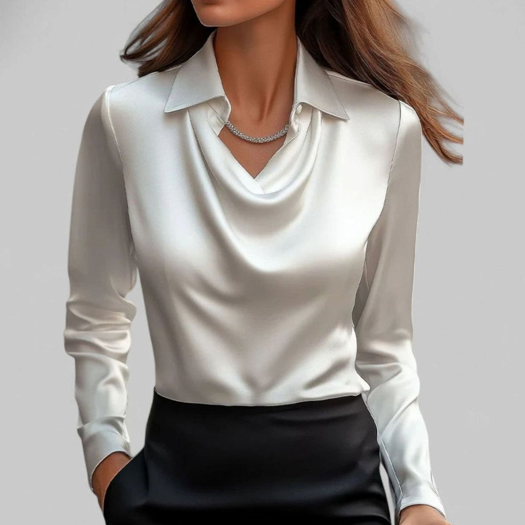 Elegante Wasserfallausschnitt Satinbluse für Damen Langarm - Weiß