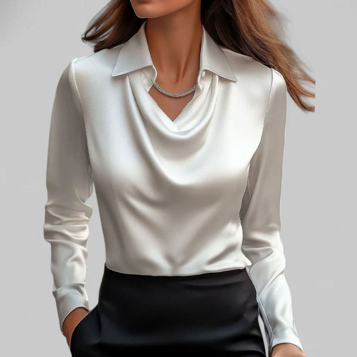 Elegante Wasserfallausschnitt Satinbluse für Damen Langarm - Weiß