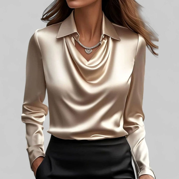 Elegante Wasserfallausschnitt Satinbluse für Damen Langarm - Sekt
