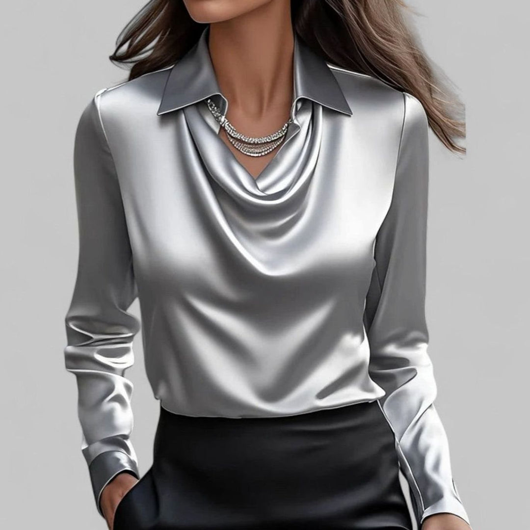 Elegante Wasserfallausschnitt Satinbluse für Damen Langarm - Grau