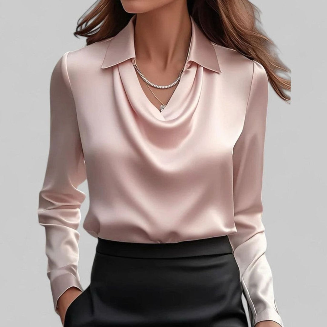 Elegante Wasserfallausschnitt Satinbluse für Damen Langarm - Rosa