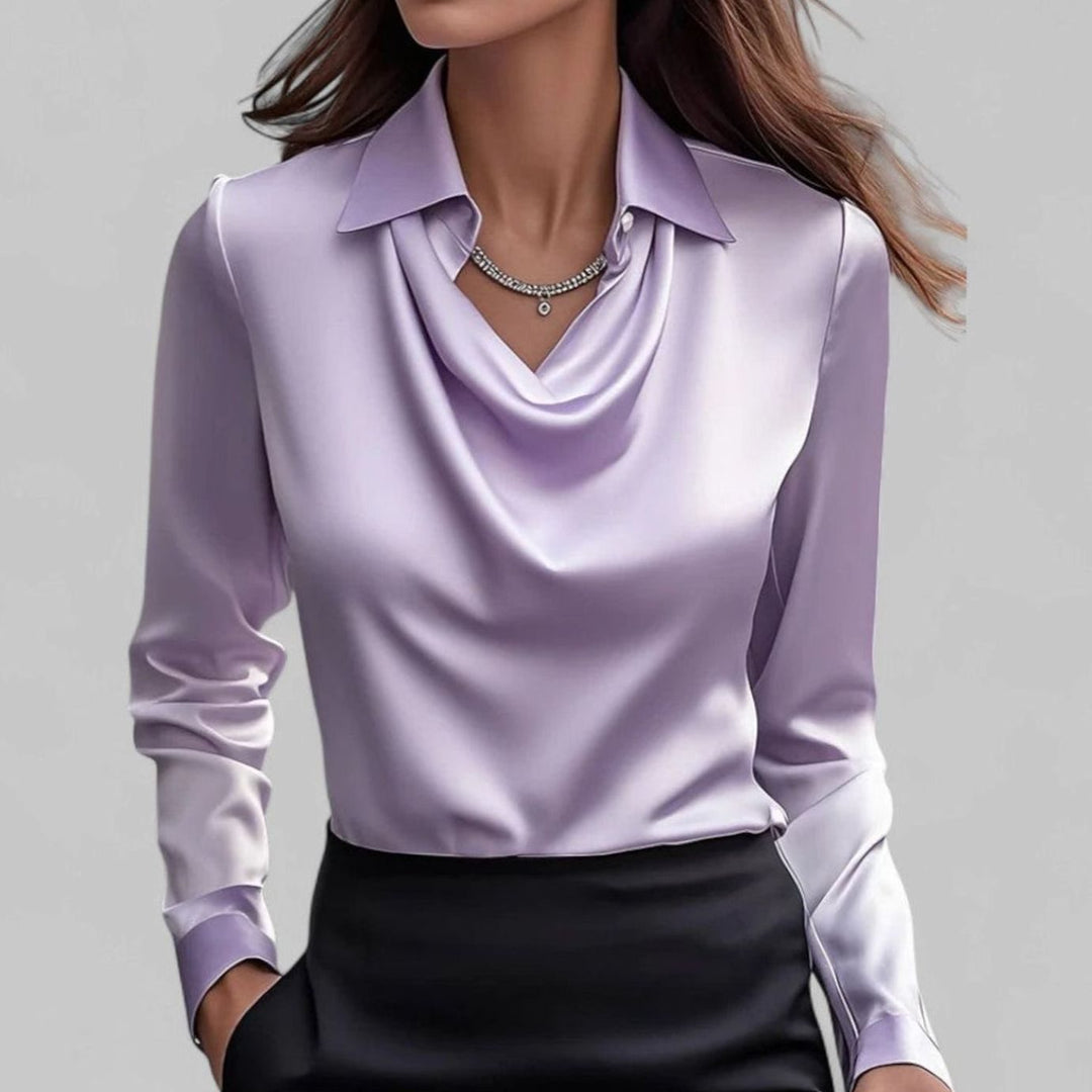 Elegante Wasserfallausschnitt Satinbluse für Damen Langarm - Lila