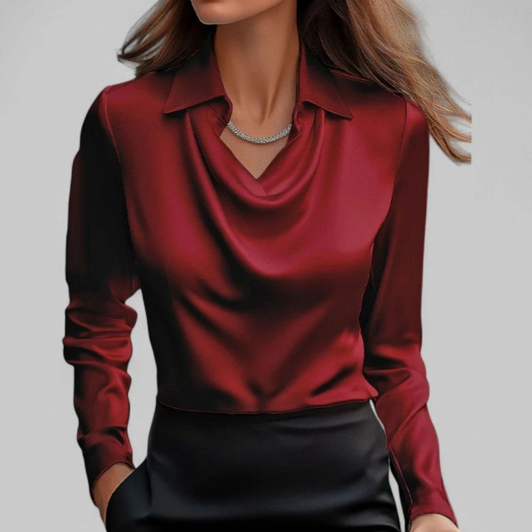 Elegante Wasserfallausschnitt Satinbluse für Damen Langarm - Rot