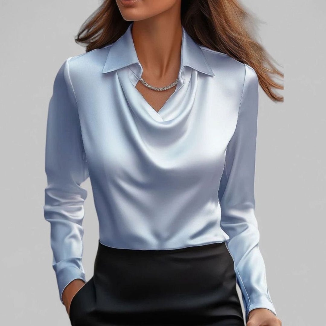 Elegante Wasserfallausschnitt Satinbluse für Damen Langarm - Blau