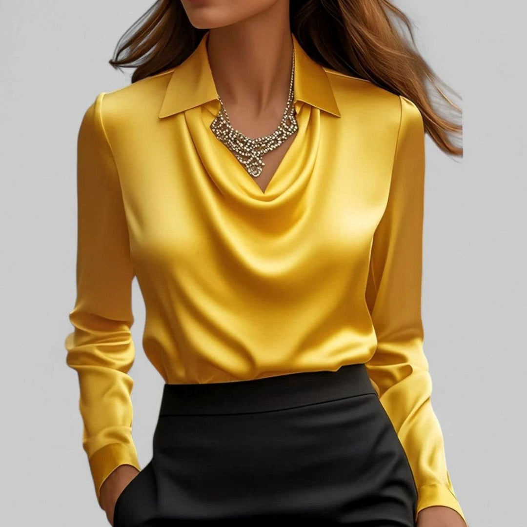 Elegante Wasserfallausschnitt Satinbluse für Damen Langarm - Gelb
