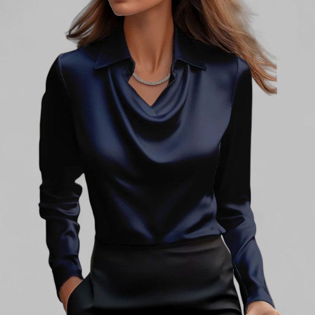 Elegante Wasserfallausschnitt Satinbluse für Damen Langarm - Marineblau