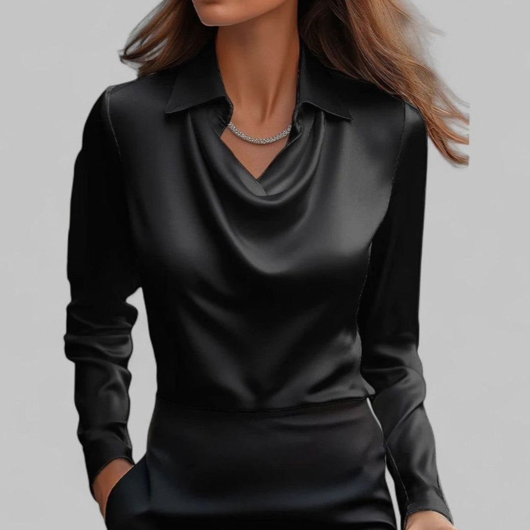 Elegante Wasserfallausschnitt Satinbluse für Damen Langarm - Schwarz