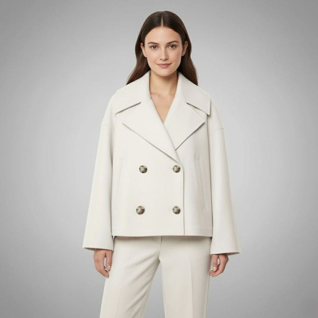 Eleganter Kurzmantel für Damen Zweireiher Wolloptik Oversized - Beige