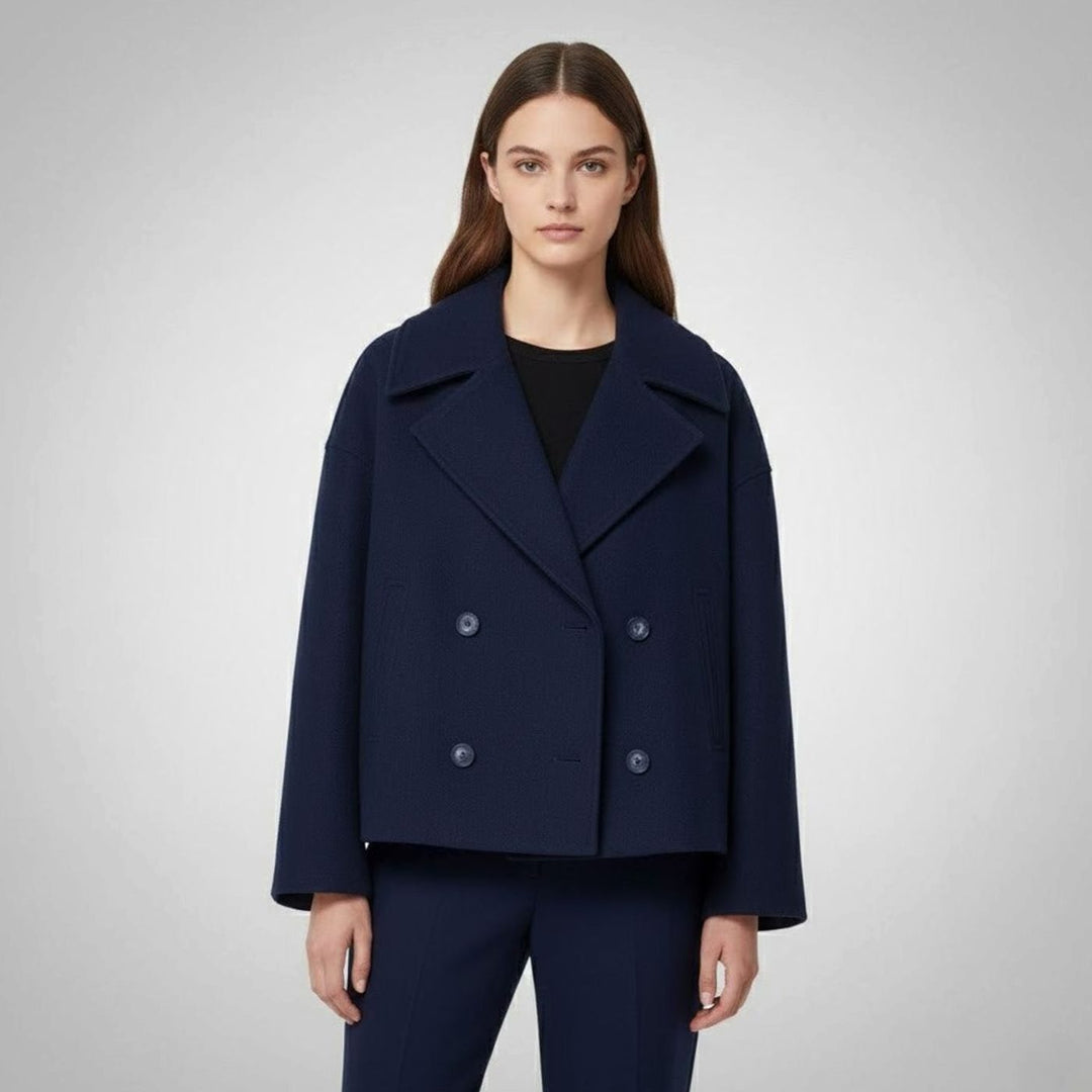 Eleganter Kurzmantel für Damen Zweireiher Wolloptik Oversized - Marineblau
