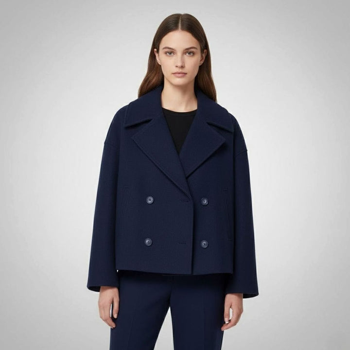 Eleganter Kurzmantel für Damen Zweireiher Wolloptik Oversized - Marineblau