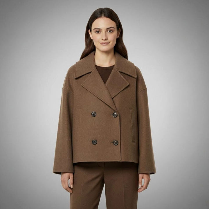 Eleganter Kurzmantel für Damen Zweireiher Wolloptik Oversized - Braun
