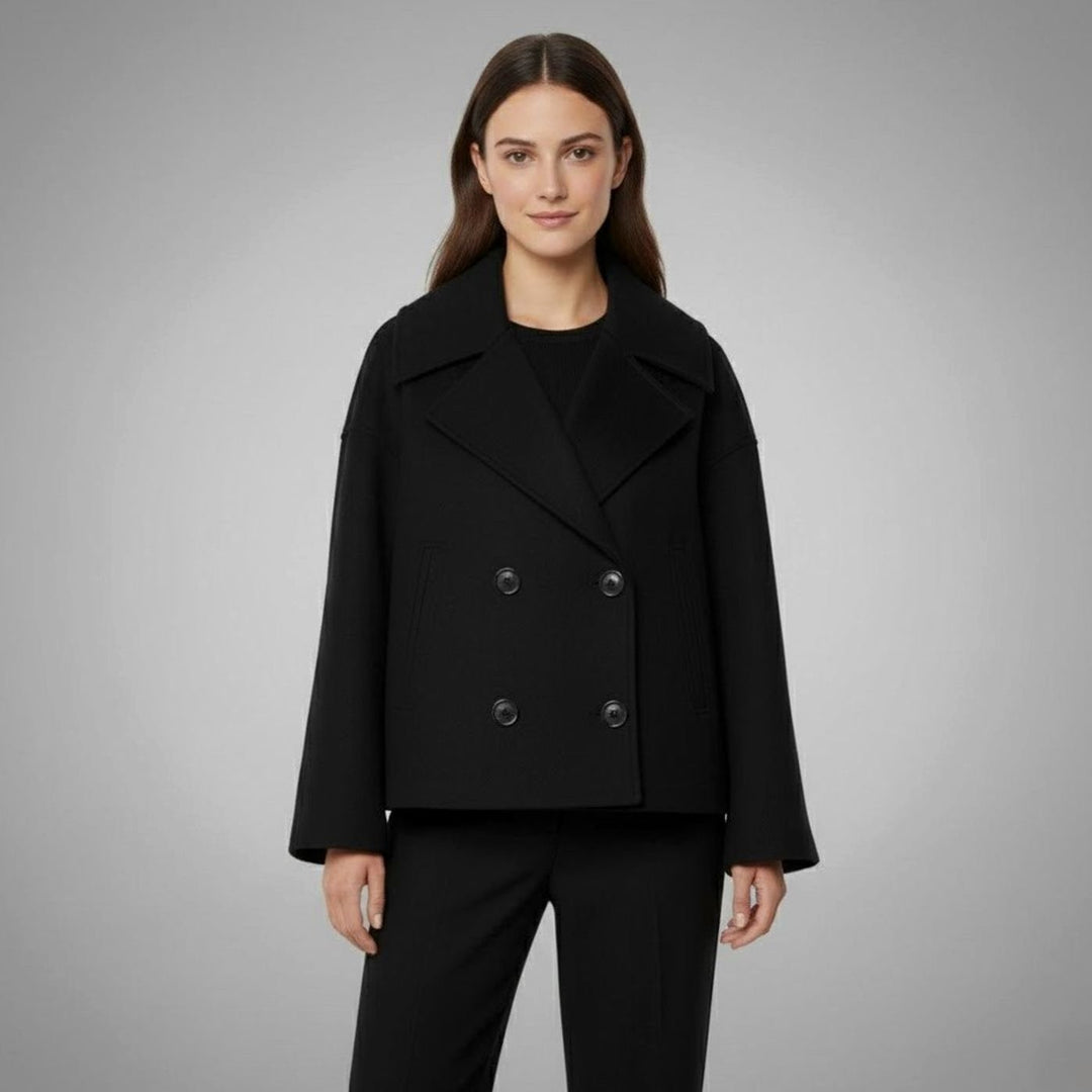 Eleganter Kurzmantel für Damen Zweireiher Wolloptik Oversized - Schwarz