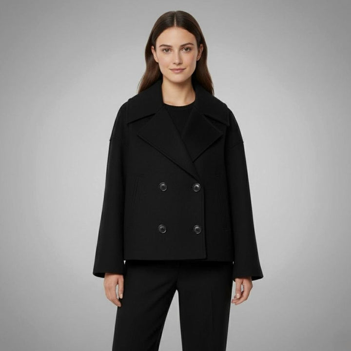 Eleganter Kurzmantel für Damen Zweireiher Wolloptik Oversized - Schwarz