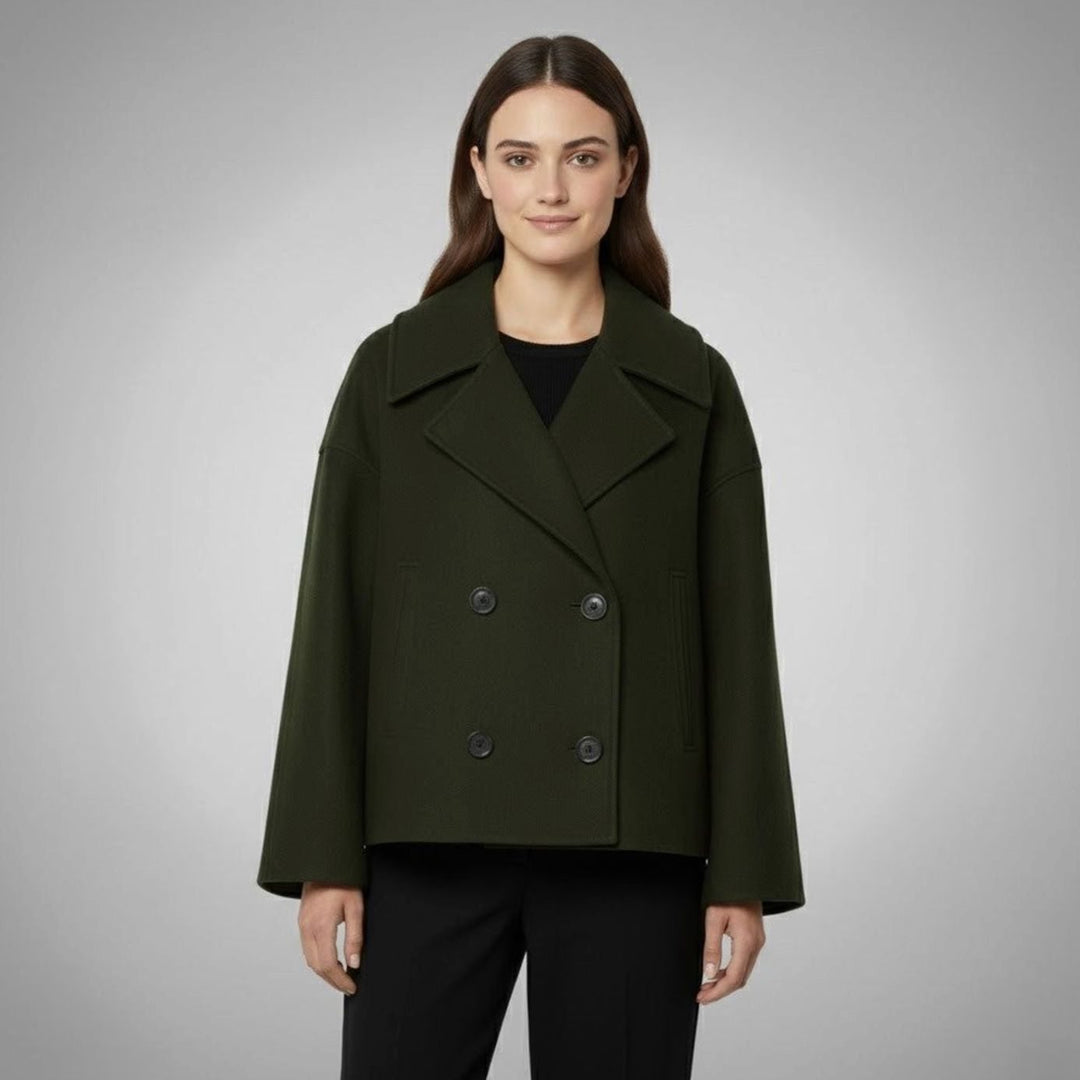 Eleganter Kurzmantel für Damen Zweireiher Wolloptik Oversized - Grün