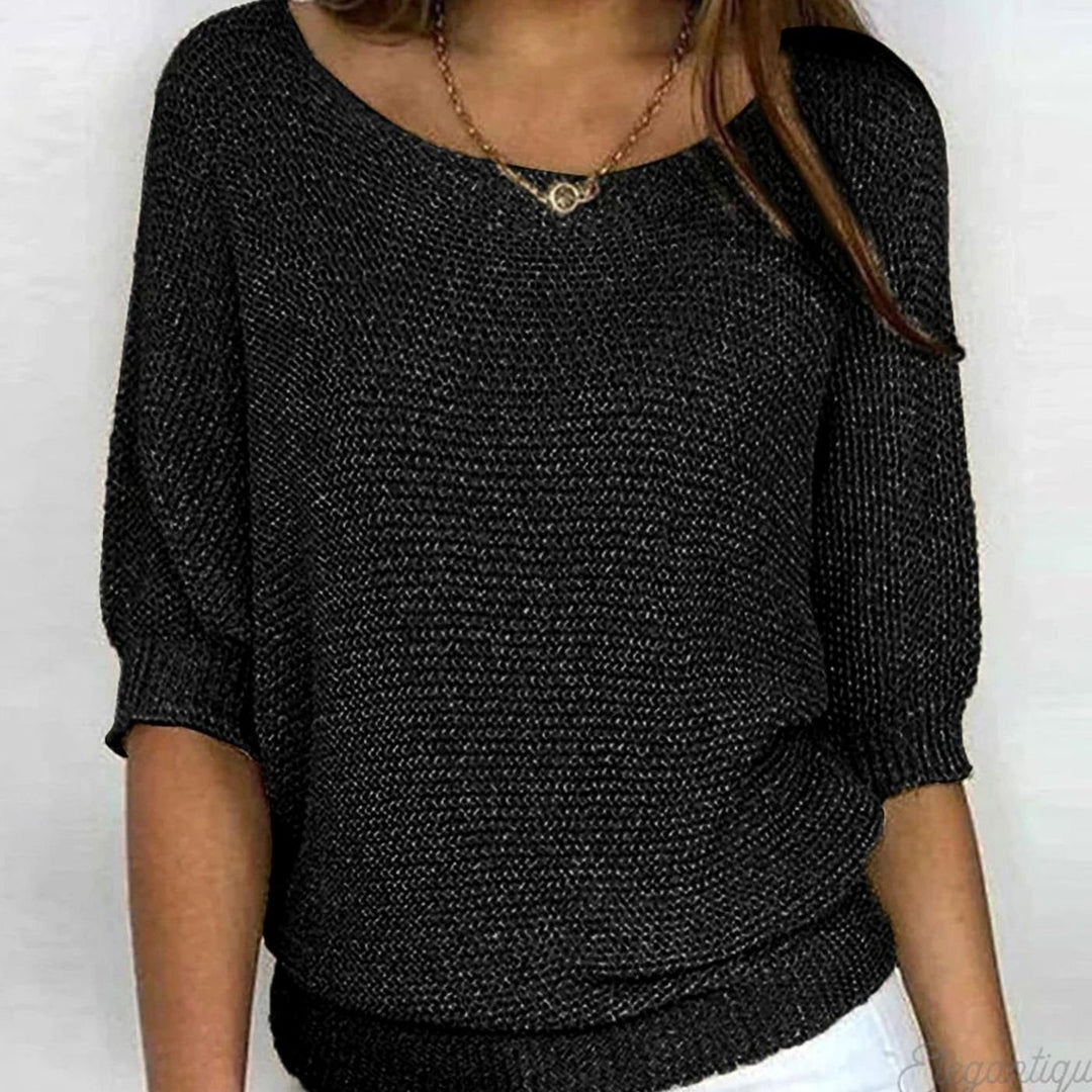 Eleganter Pullover Damen Lockerer Strickpullover Rundhals - Schwarz