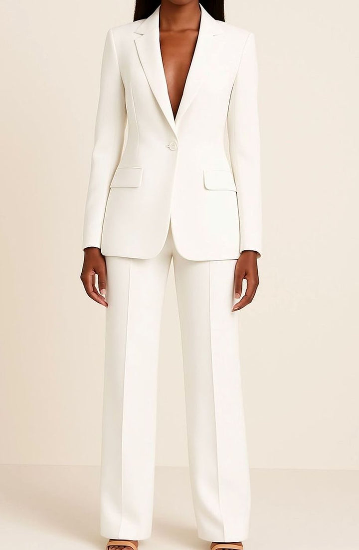 Elegantes Blazer Hosen Set für Damen einreihig tailliert - Weiß