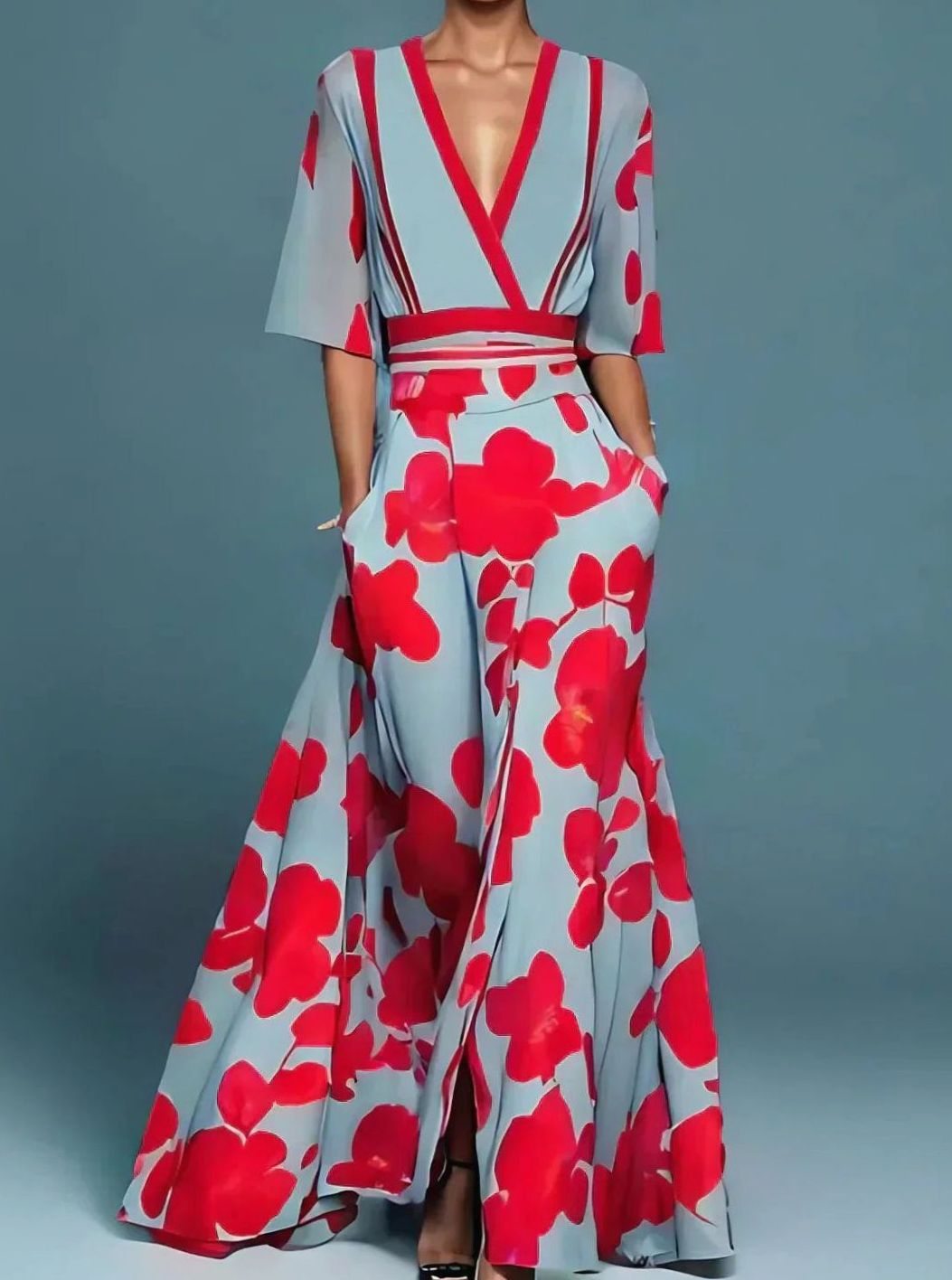 Elegantes Damen Maxikleid mit Blumenmuster tiefem V-Ausschnitt fließendem Schnitt - Rot