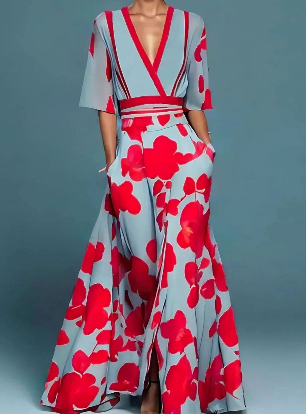 Elegantes Maxi Kleid mit Blumenmuster tiefem V-Ausschnitt fließendem Schnitt - Rot