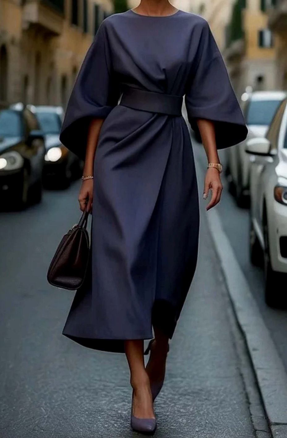 Elegantes Midi-Kleid mit Laternenärmeln und Gürtel für Damen - Marineblau