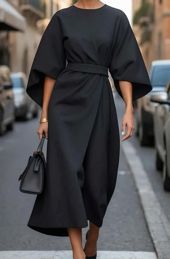 Elegantes Midi-Kleid mit Laternenärmeln und Gürtel für Damen - Schwarz