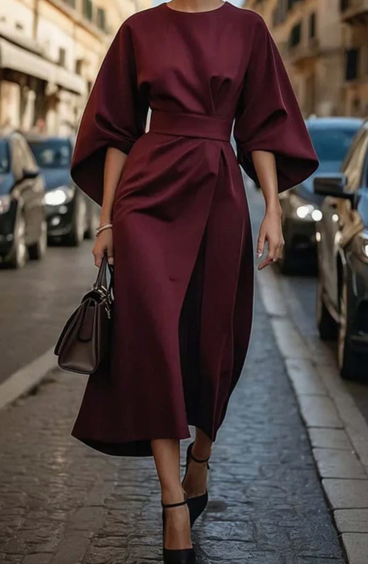 Elegantes Midi-Kleid mit Laternenärmeln und Gürtel für Damen - Bordeaux