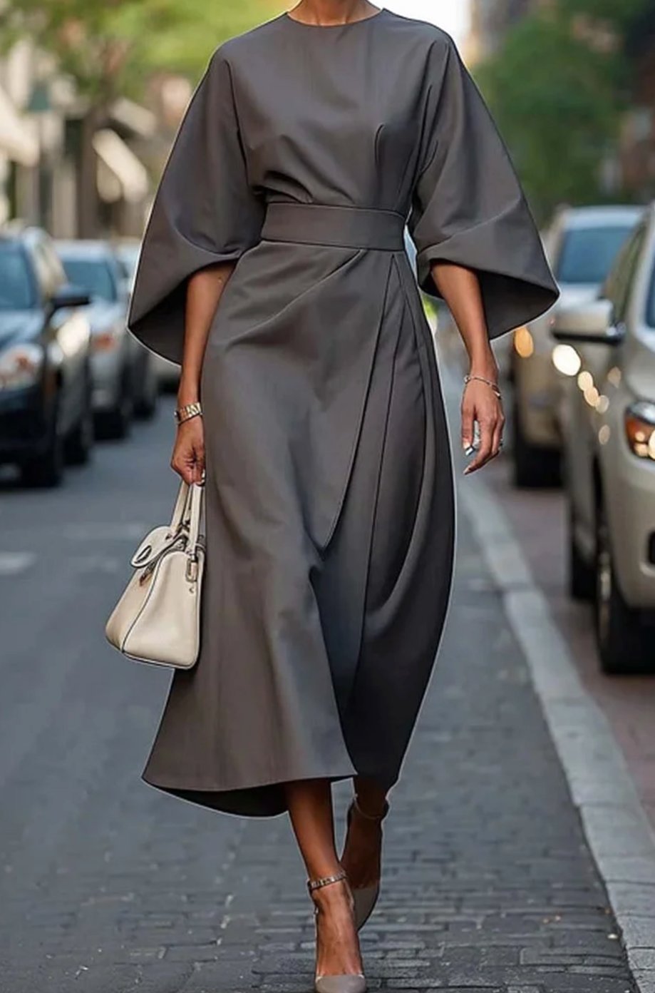 Elegantes Midi-Kleid mit Laternenärmeln und Gürtel für Damen - Grau