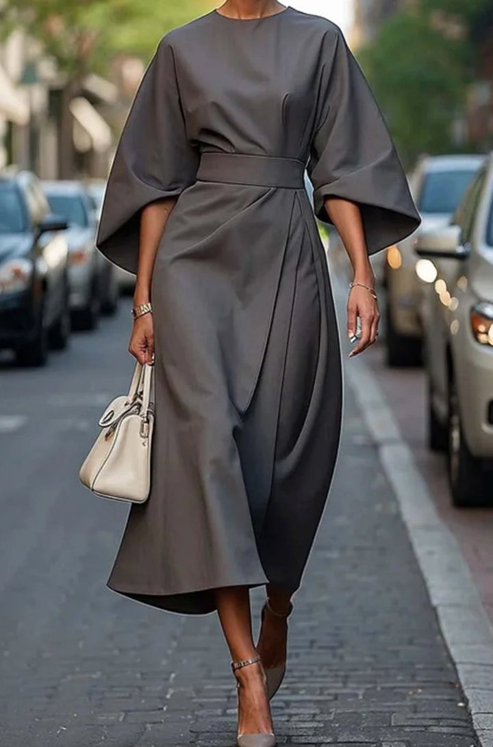 Elegantes Midi-Kleid mit Laternenärmeln und Gürtel für Damen - Grau