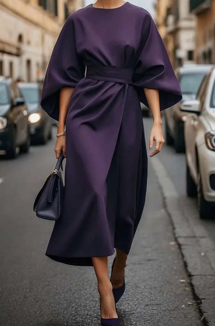 Elegantes Midi-Kleid mit Laternenärmeln und Gürtel für Damen - Violett
