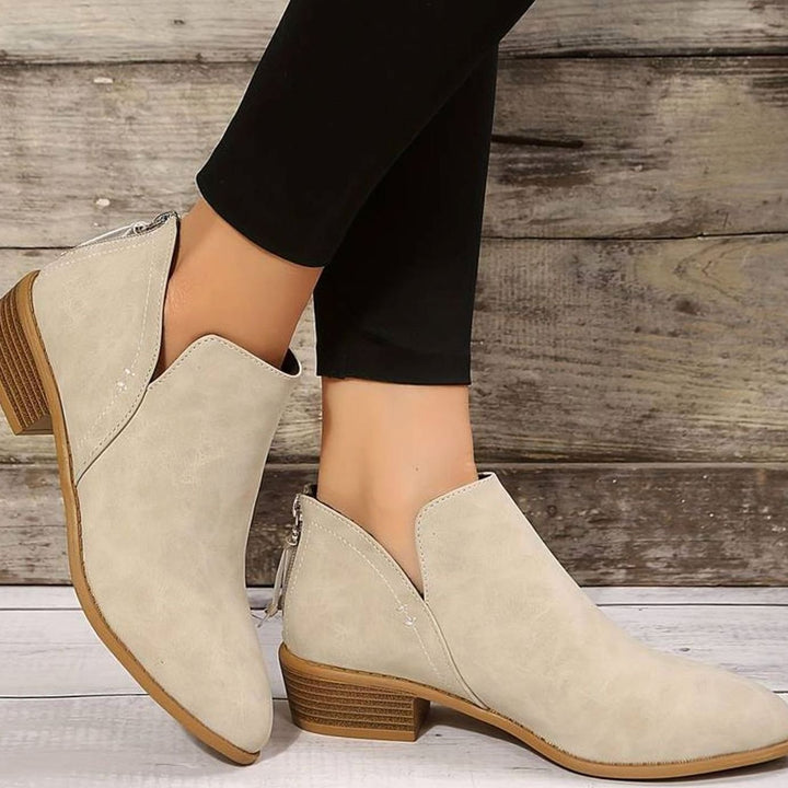 Enkellaarsjes Dames Spitse Neus Blokhak Zijrits - Beige