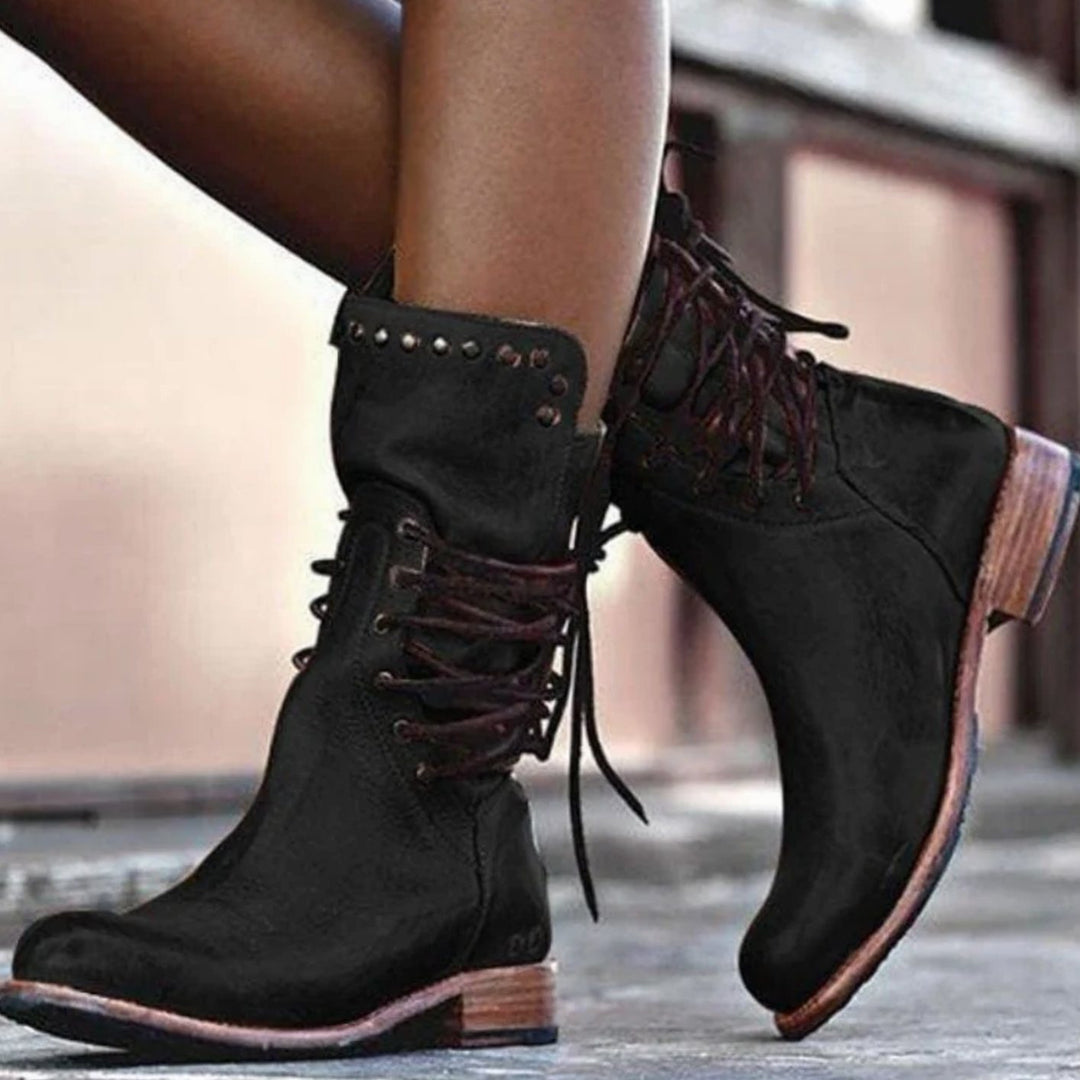 Enkellaarsjes Dames Vintage Veterschoenen Blokhak Nieten - Zwart