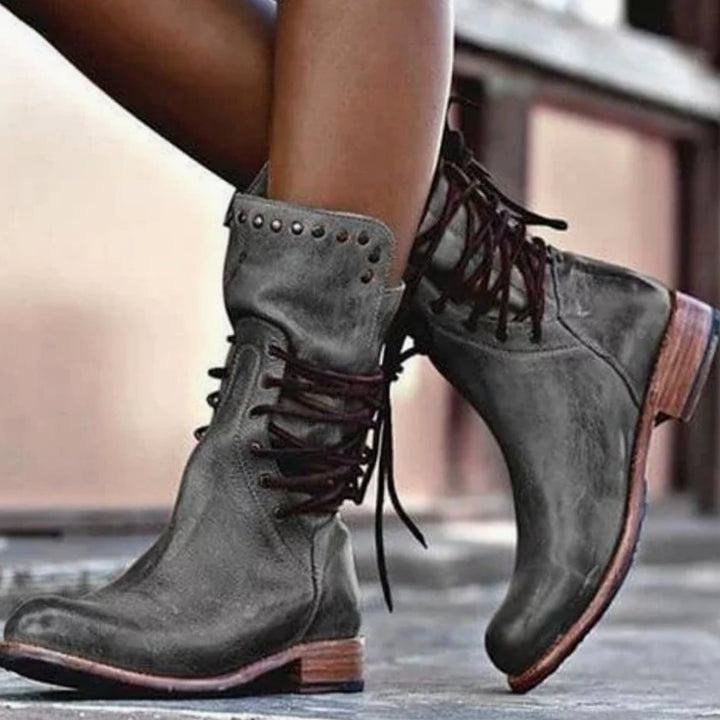 Enkellaarsjes Dames Vintage Veterschoenen Blokhak Nieten - Grijs