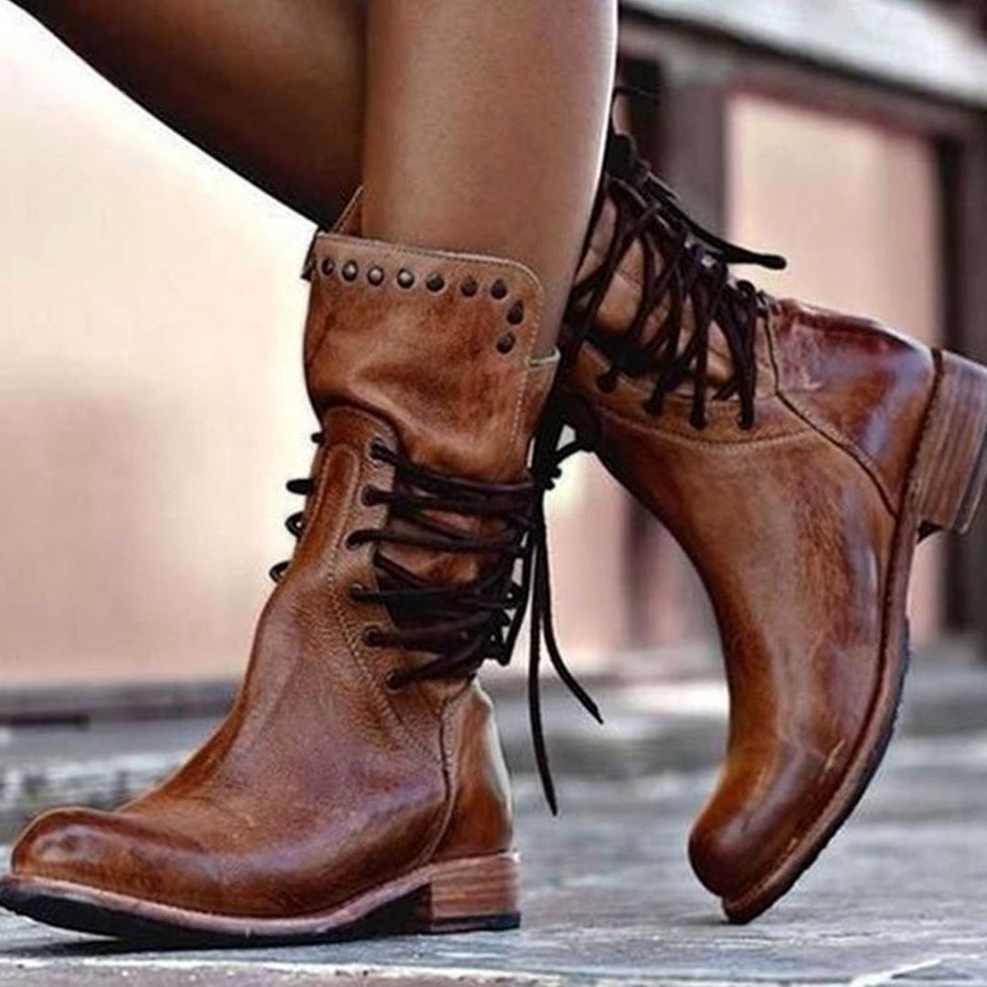 Enkellaarsjes Dames Vintage Veterschoenen Blokhak Nieten - Bruin