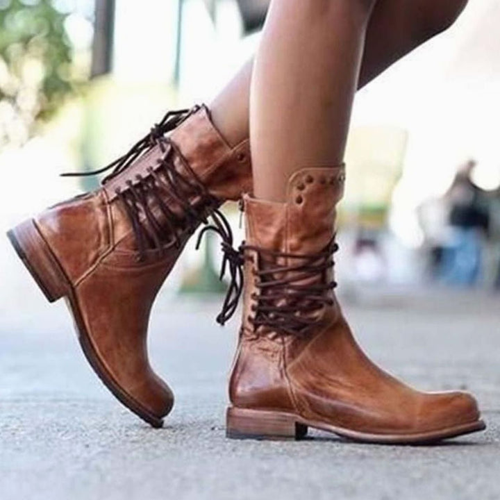 Enkellaarsjes Dames Vintage Veterschoenen Blokhak Nieten