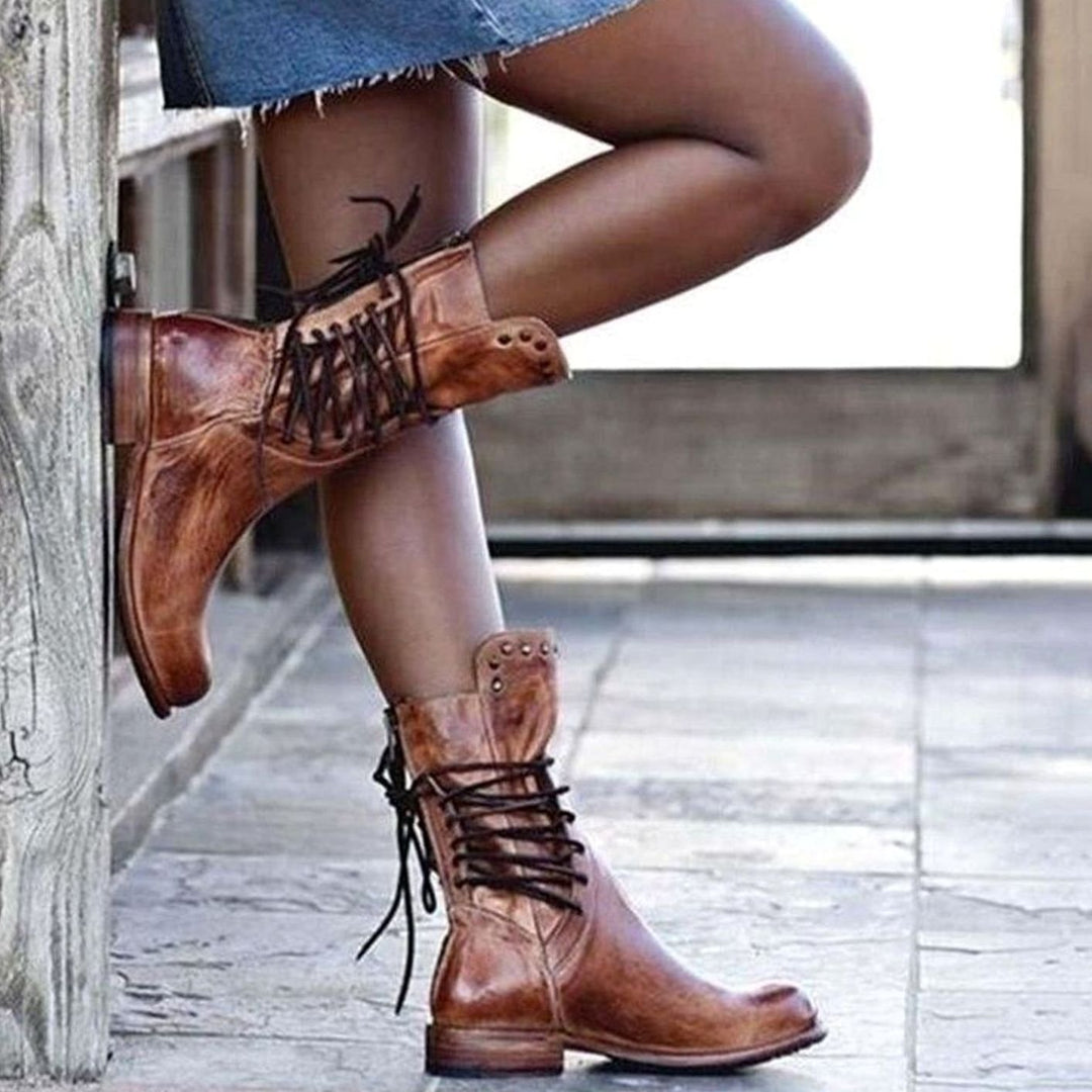 Enkellaarsjes Dames Vintage Veterschoenen Blokhak Nieten