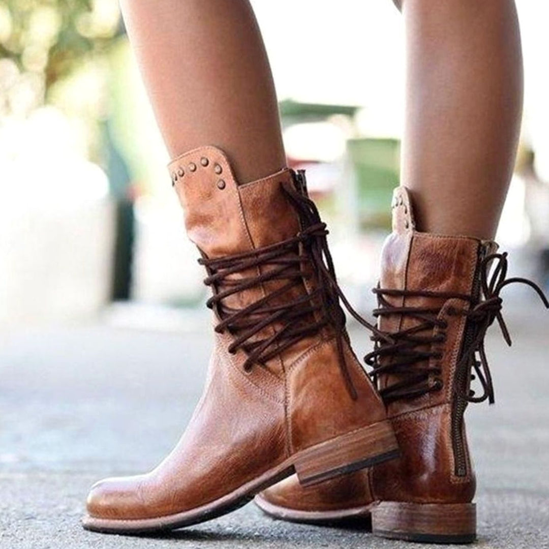 Enkellaarsjes Dames Vintage Veterschoenen Blokhak Nieten