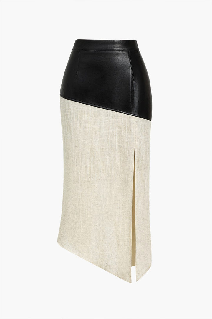Danica | Eleganter Midirock mit asymmetrischem Kunstleder- und Leinen-Design