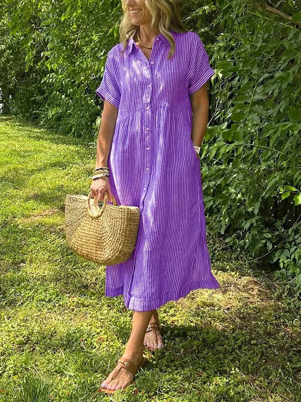 Dahlia | Damen Gestreiftes Midi Kleid mit Knopfleiste vorne