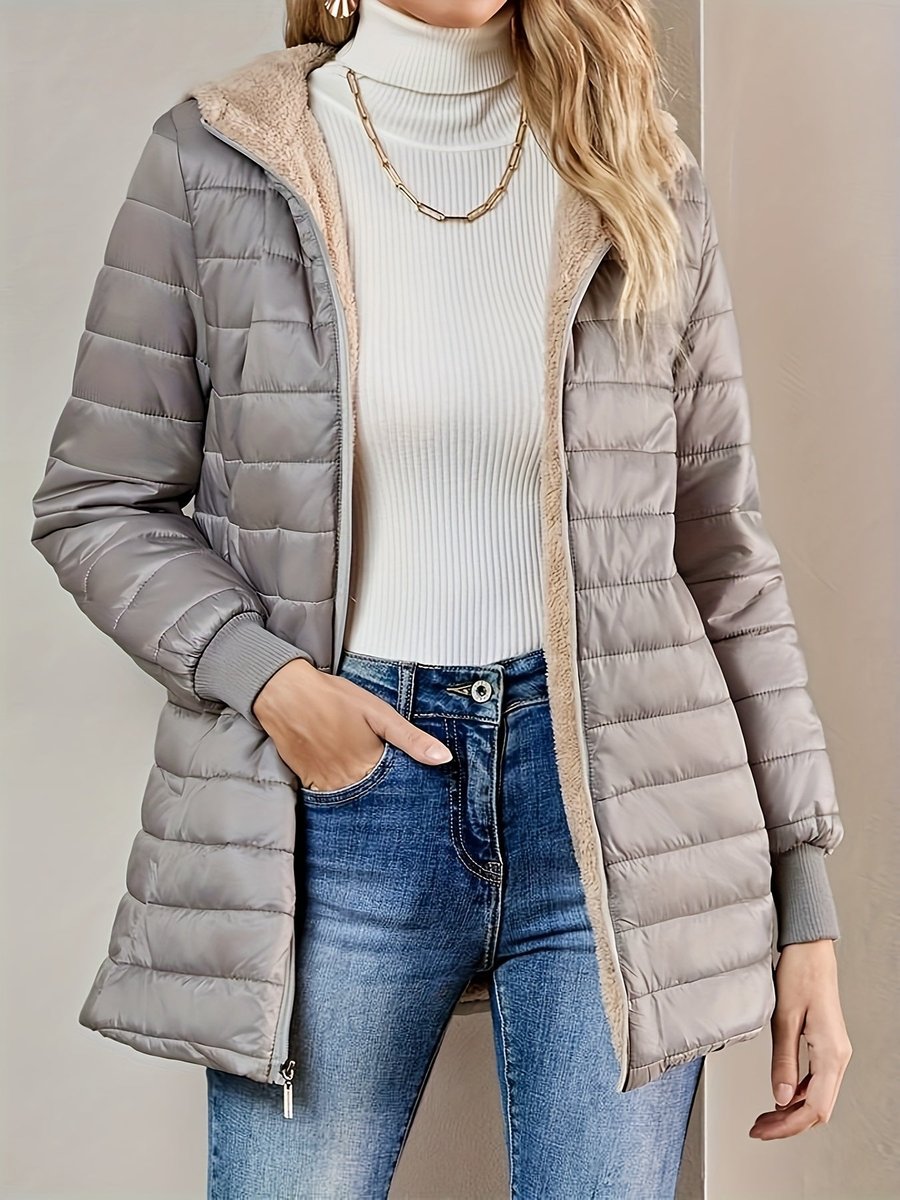 Fleece Gevoerde Puffer Jas Dames Halflang Ritssluiting